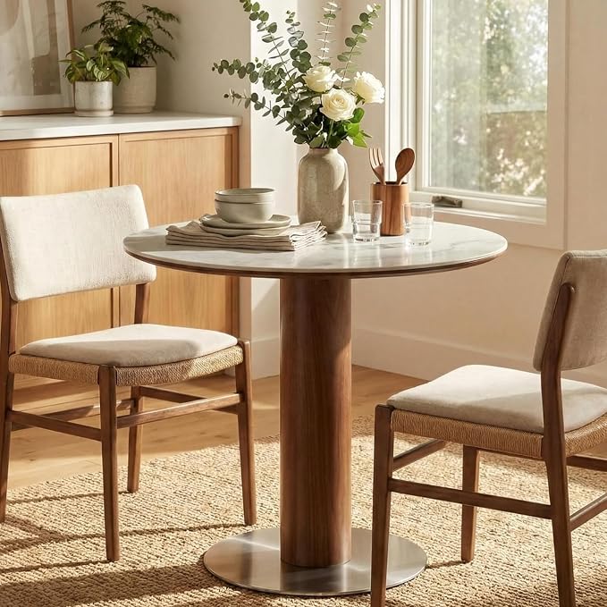 Round Dining Table, 31.5" Solid Wood Dinner Table with Thickened Top & Steel Pedestal, Mid Century Modern Bistro Table for Kitchen, Small Space, Living Room, Cafe, White & Walnut -Style A