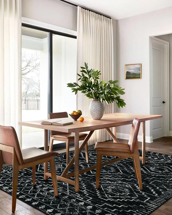 Wonnitar Moroccan 6x9 Area Rugs, Washable Black Rugs for Living Room, Large Soft Bedroom Throw Rug, Non-Slip Stain Resistant Thin Boho Floor Carpet for Dining Room Home Office Decor (Black,6'x9')