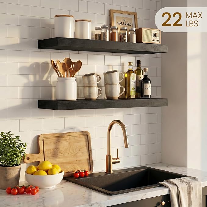 Dreamland Floating Shelves, Rustic Wooden Black Wall Shelves for Bathroom|Bedroom|Kitchen, Deep Wall Mounted Book Shelf, Wood Storage Display Shelf for Home Decor, 22.5" X 6.7" Set of 2