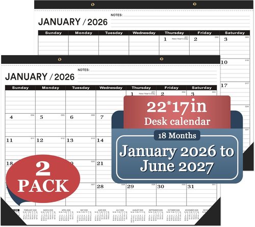 Classic Black Desk Calendar 2026 | Large 22 x 17 Inches | 2-Pack with Plastic Cover