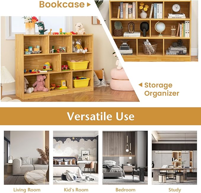 Giantex 8 Cube Bookcase, Freestanding 3-Tier Open Bookshelf, Modern Storage Display Cabinet, Wood Cube Storage Organizer for Living Room, Kid’s Room, Burlywood