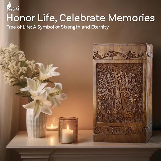 INTAJ Handcarved Wooden Cremation Urn for Human Ashes - Tree of Life Design, 250 lbs Capacity, Suitable for Adult Men and Women - Decorative Funeral Urn Box and Casket
