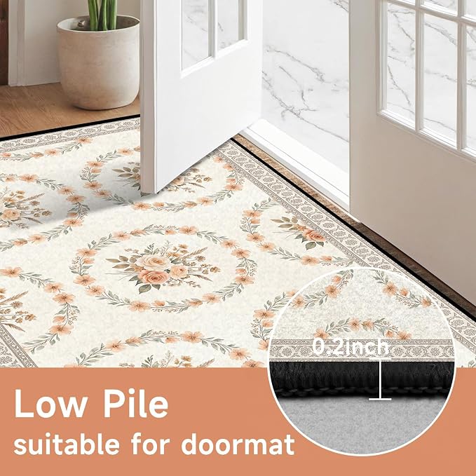 4'x6' Boho Floral Area Rug Vintage Peach Rose Carpet Non-Slip Washable Floor Mat Neutral Aesthetic Botanical Rug for Bedroom Living Room Nursery Kitchen Playroom Home Decor