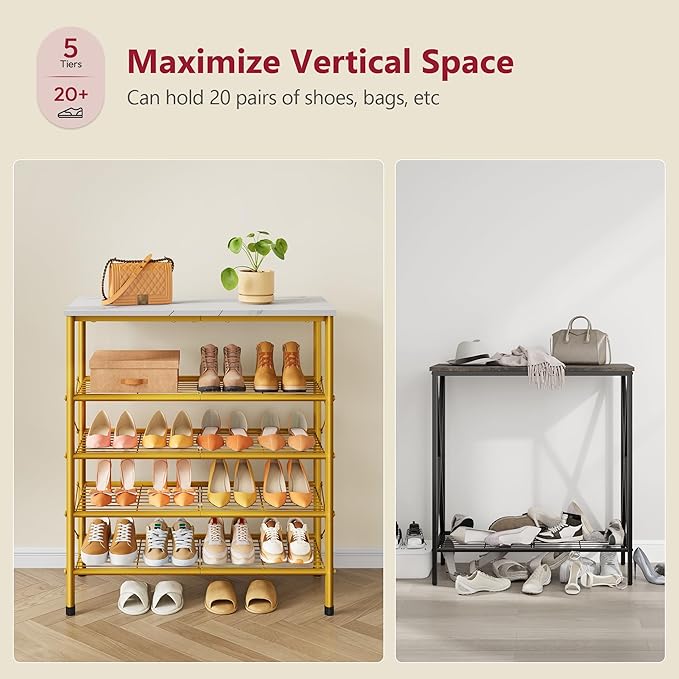 Tajsoon 5 Tier Shoe Rack Organizer for 16-20 Pairs of Shoes, Metal Mesh Shoe Shelf for Closet, Industrial Shoe Rack for Entryway Shoe Storage with X Shape Fixed Frame, White & Gold