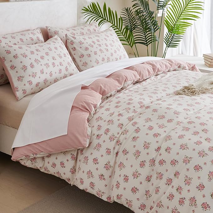 Flower King Comforter Set Soft 3 Pieces Chic Crinkle Gauze Fabric Garden Style Floral Print Botanical Comforter for All Seasons Luxury Warmth Comfy Breathable with 2 Pillowcases