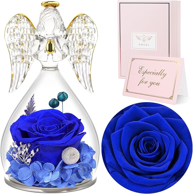 Sunia Preserved Flower Rose Gift for Women - Mother's Day Birthday Gifts for Mom Wife Grandma, Glass Angel Figurines Forever Real Roses Gifts for Her Valentine Day Thanksgiving