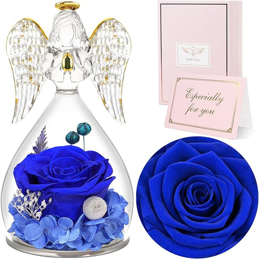 Sunia Preserved Flower Rose Gift for Women - Mother's Day Birthday Gifts for Mom Wife Grandma, Glass Angel Figurines Forever Real Roses Gifts for Her Valentine Day Thanksgiving