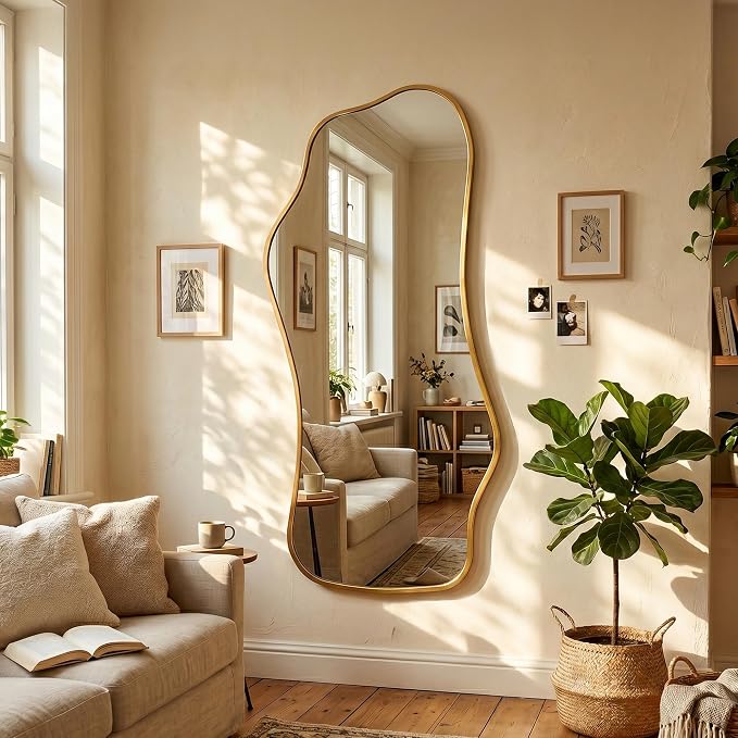 Bathroom Mirrors for Over Sink-Horizontal or Vertical Hanging 47.2"x21.6" Gold Asymmetrical Wavy Aluminum Frame Decorative Full Body Mirror for Living Room,Bedroom,Cloakroom,Entryway