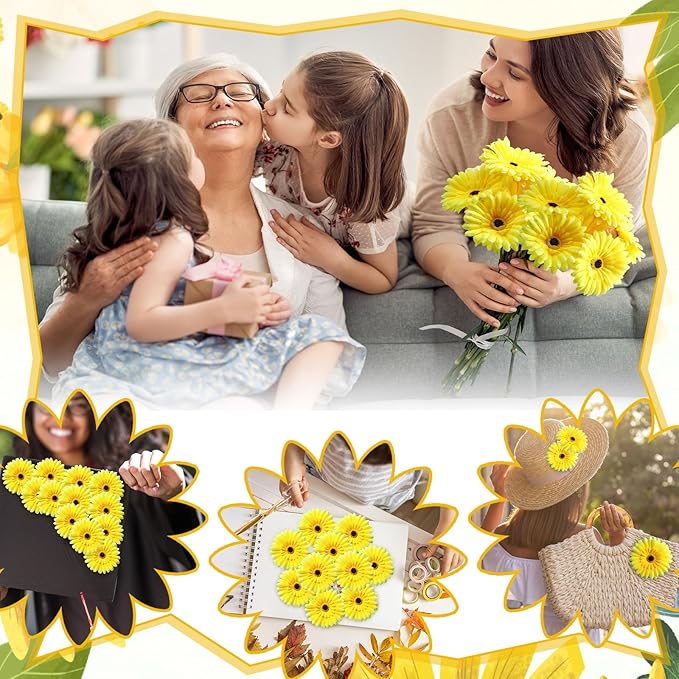 100 Pcs Flowers Long Stem Artificial Daisy, 4 Inches Silk Gerbera Head Flowers Fake for Wedding Bridal Bouquet Home Floral DIY Day of The Dead Tables Centerpieces Party Decoration (Yellow)