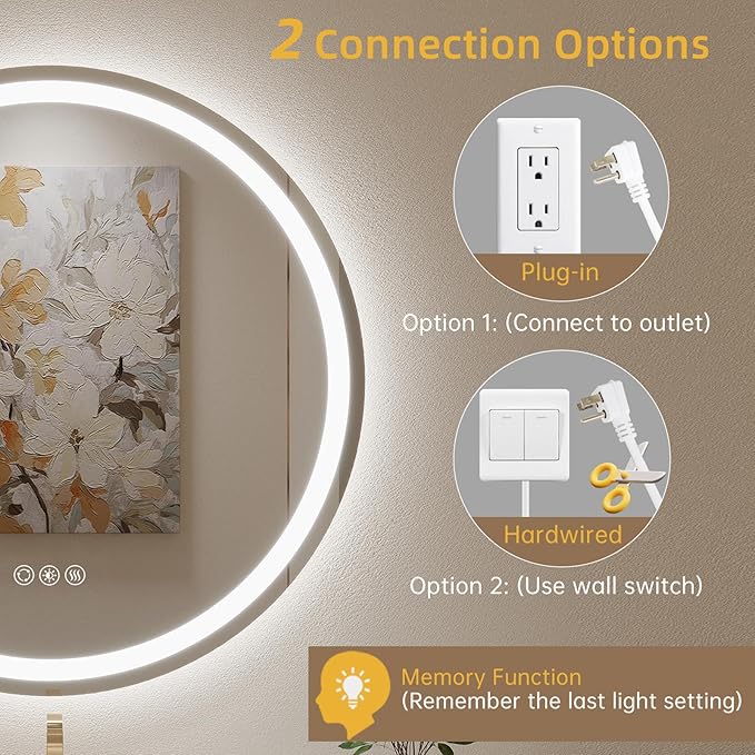 LOVESPEJO 36" Round LED Bathroom Mirror with Lights, Circle LED Mirror for Bathroom, Fogless, Dimmable, 3 Color Changing, IP54, Shatter-Proof