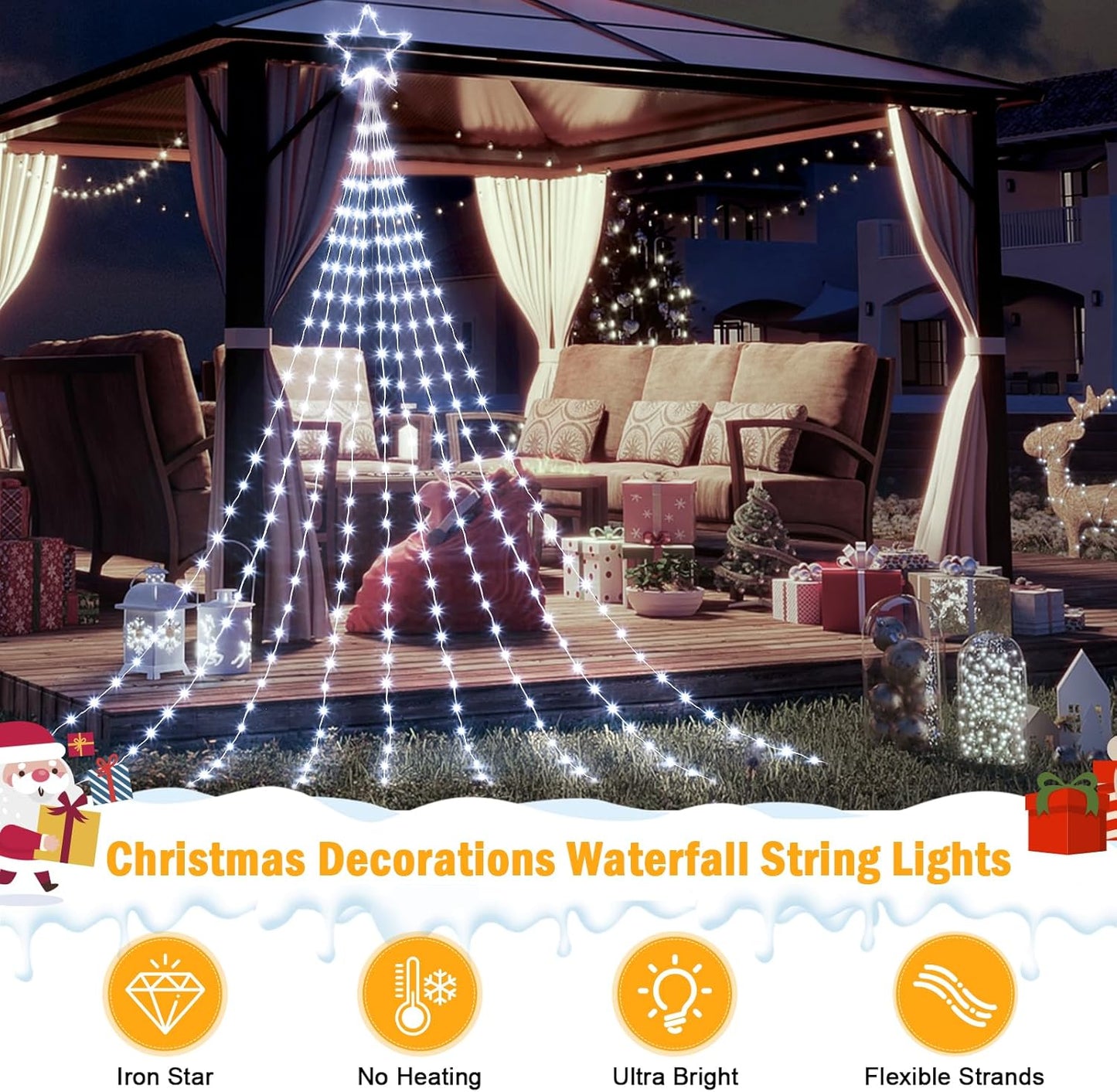 Skiennix Christmas Star String Lights - 344 LED Waterfall Tree Lights with Iron Topper | Pure White Indoor/Outdoor Decor