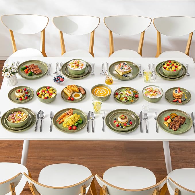 vancasso Plates and Bowls Sets, 24 Pieces Stoneware Dinnerware Set for 8, Ceramic Dish Set for Kitchen, Microwave and Dishwasher Safe, Mossy Green, Series ZERMATT