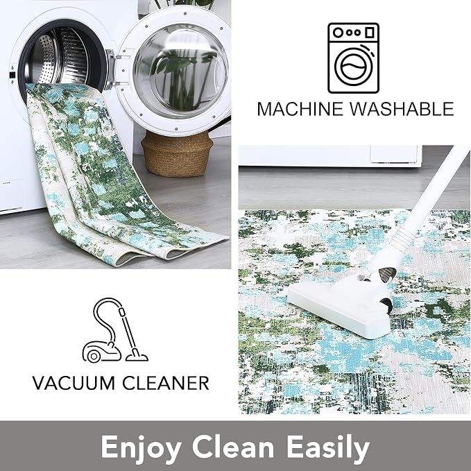 GAOMON 9x12 Washable Boho Chic Abstract Watercolor Design Area Rug Low Pile Thin Living Room Rug Non Slip Soft Bedroom Rug Abstract Accent Carpet for Dining Room Nursery, Green/Turquoise