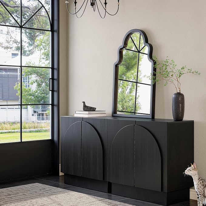 24"x40" Black Arched Mirror for Bathroom Vanity, Matte Black Wood Frame Wall Mirror for Fireplace Mantel, Modern Farmhouse Industrial Decor for Entryway, Large Arch