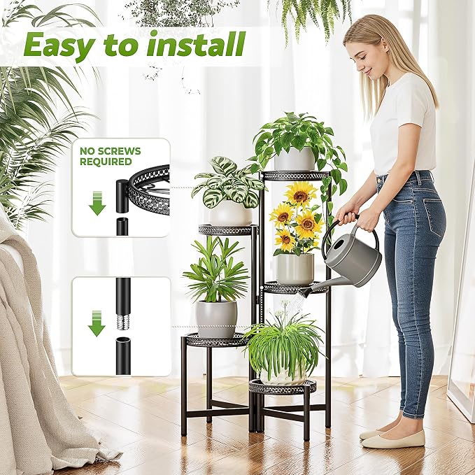 5 Tiered Tall Plant Stand Indoor Outdoor, Metral Plant Shelf for Corner Display Rack, Multi-Tier Folding Planter Pot Holder Flower Stand for Living Room Balcony Garden Patio - BlackS