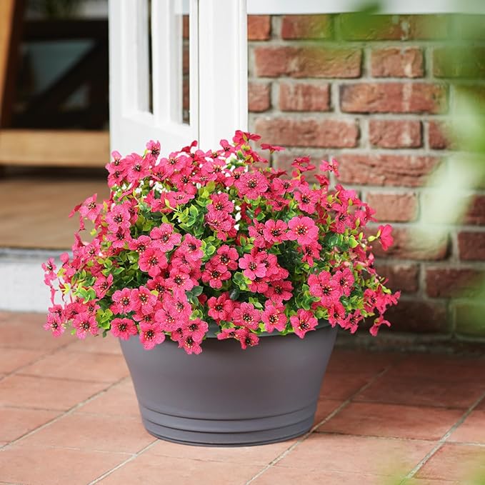 Artificial Flowers Outdoor Faux Plants UV Resistant Fake Patio Flowers Plastic Greenery Plnats Outside Bulk for Spring Garden Hanging Planter Home Vase Decor, 12 Bundles (Rose Red)