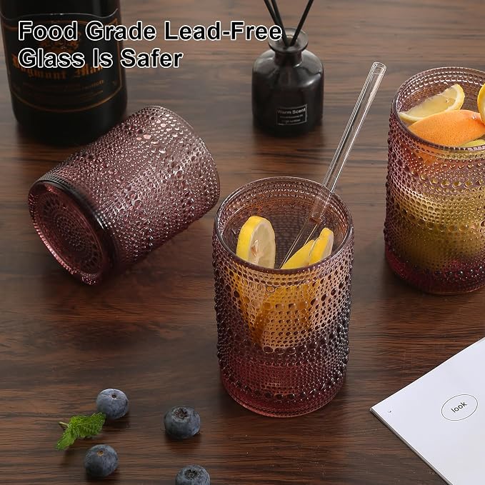 ZMOWIPDL Vintage Glassware Drinking Glasses Set of 12,Purple 12oz & 15oz Hobnail Glass Cups,Embossed Water Tumbler,for Beer,Cocktail,Whiskey,Juice and Various Mixed Drinks- 1 Cleaning Brush