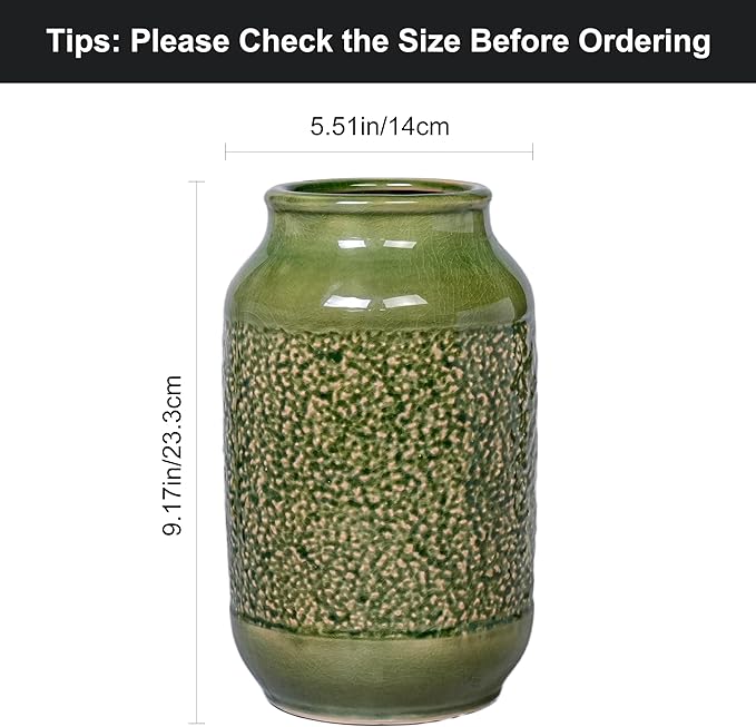 Modern Ceramic Vase for Flower, 9 Inch Minimalist Decorative Vases for Home Decor, Table Shelf, Console Cabinet, Mantle, Living Room, Bathroom, Bedroom, Office, Green