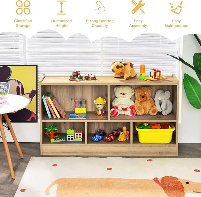 KOTEK Kids Storage Organizer, 5 Cubby Kids Bookshelf, Wooden 2-Layer Bookcase Storage Cabinet, Toy Shelf for Daycare, Nursery, School Classroom, Playroom, Living Room & Bedroom (Natural, 5 Cubes)