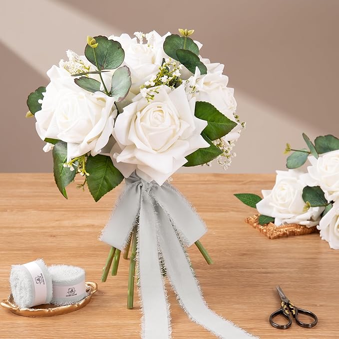 DORIS HOME Light Gray Chiffon Ribbon for Flower Bouquet, 1" x21Yd Fabric Ribbon for Gift Wrapping, Handmade Frayed Ribbon for Wedding Invitations/Christmas Decorations