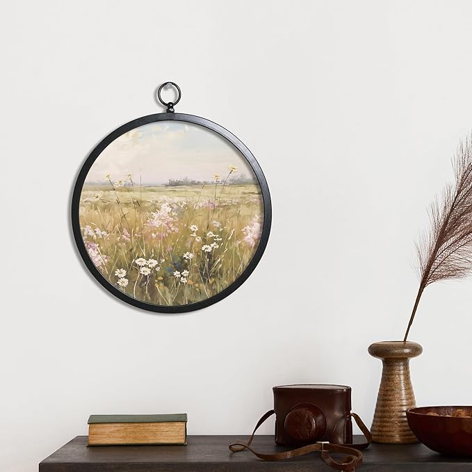 XIAOAIKA Vintage Wall Art with Metal Frame, Round Wood Print Featuring Wildflower Meadow Landscape, Boho Wall Decor for Living Room, Bedroom, Kitchen, Hallway, 10 Inch