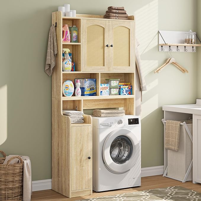 Itaar Over The Toilet Storage Cabinet, Farmhouse Rattan Bathroom Cabinet, Over Toilet Bathroom Organizer with Rattan Barn Doors & Toilet Paper Holder Stand, for Restroom, Laundry, Rattan Oak