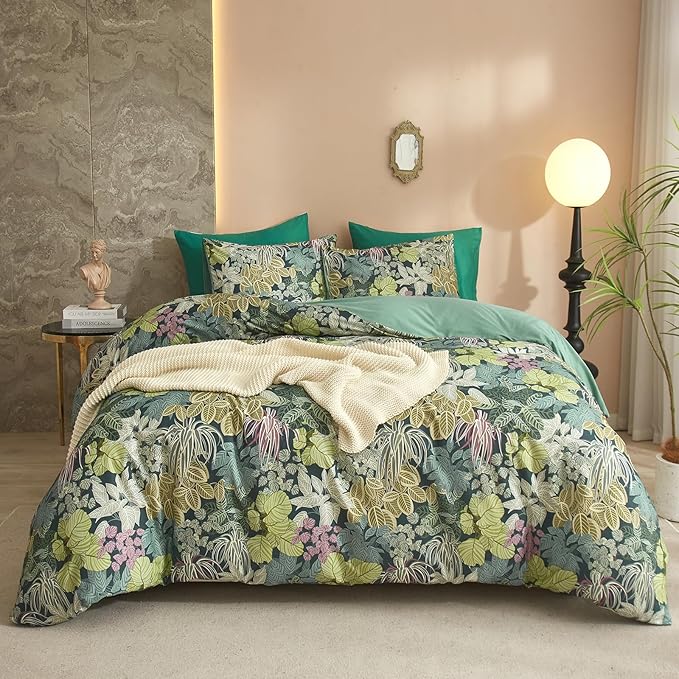 HighBuy Vintage Leaves Duvet Cover Twin Dark Green Boho Botanical Bedding Sets Country Style Green Comforter Cover with 2 Pillowcases Cozy Cotton Cottagecore Chic Farmhouse Bedroom Collection Twin