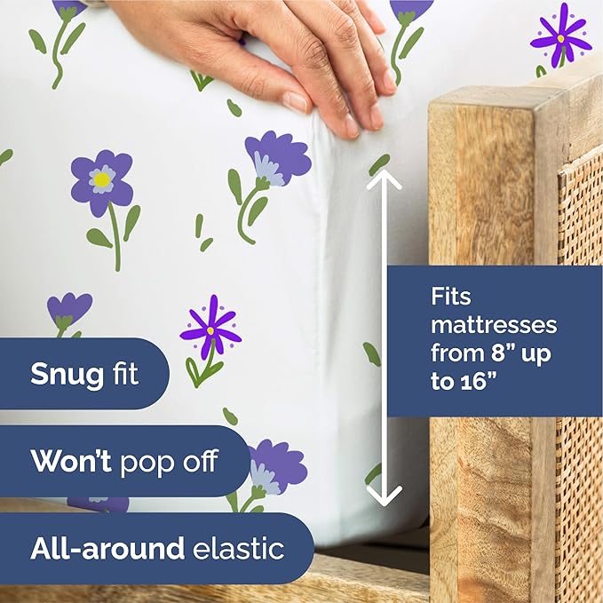 Floral Sheets - Purple Floral Bed Sheet Set - 1 Flat, 1 Fitted & 2 Pillowcases w/ Deep Pockets - Comfy, Wrinkle & Fade Free - Boho Botanical Bedding - Ultra-Soft, Breathable & Cooling - Queen Size Set