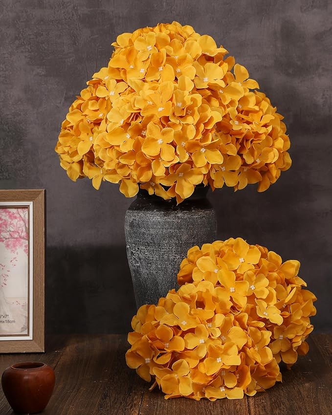 DuHouse 8.7" Silk Hydrangea Flower Heads with Stems Fake Hydrangeas Flowers for DIY Wedding Centerpiece Home Decor,Pack of 6(Mustard Yellow)