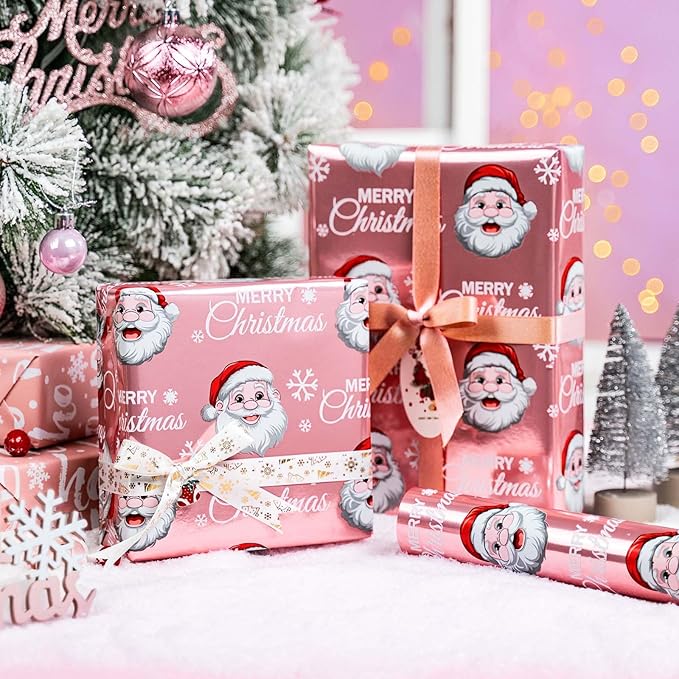 MAYPLUSS Pink Christmas Wrapping Paper Roll - 17IN X 33FT - Santa Claus Gift Wrapping Paper Featuring Merry Christmas Snowflake Reversible HO for Kids, Holiday, New Year