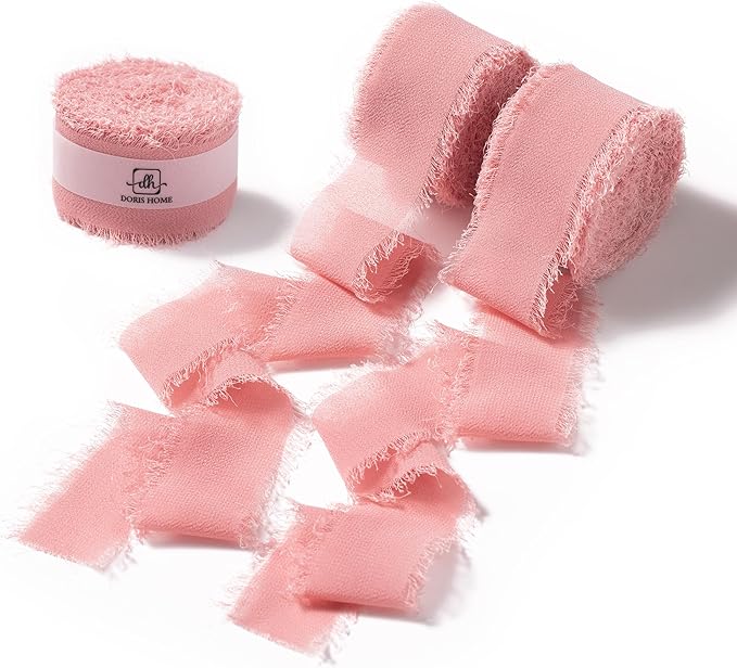 DORIS HOME Dusty Rose Chiffon Ribbon for Flower Bouquet, 1" x21Yd Fabric Ribbon for Gift Wrapping, Handmade Frayed Ribbon for Wedding Invitations/Christmas Decorations