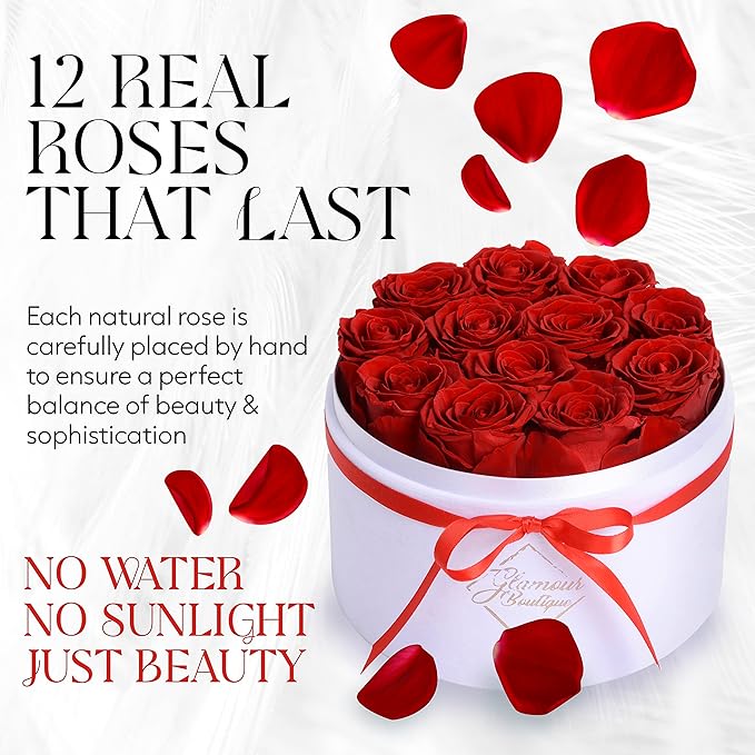 GLAMOUR BOUTIQUE Flowers Forever in a Box 12 Preserved Roses in Velvet Box, Birthday, for Women, Eternal Rose for Wife, Mom Flower - Red