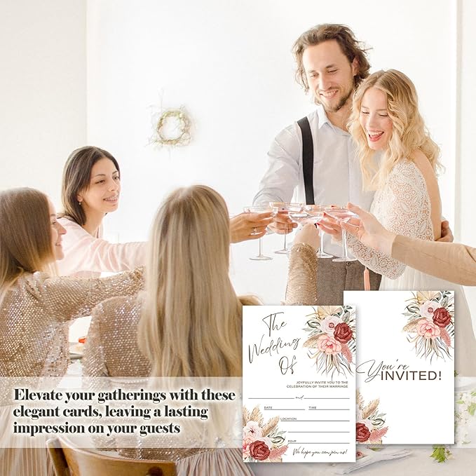 Boho Pampas Grass Wedding Invitations, 5"x 7" Floral Wedding Invites Card With Envelopes, 25 PCS for Party Decorations and Supplies - A07