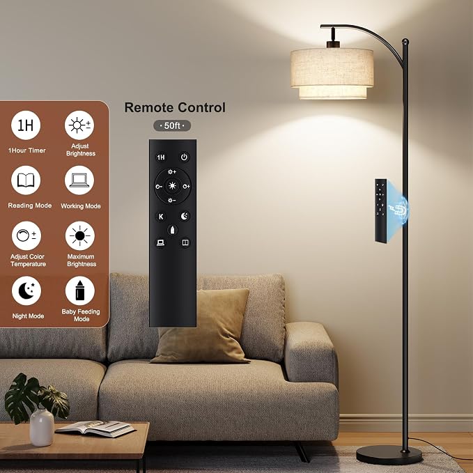 SUNMORY Floor Lamps for Living Room with 12W Remote and Dimmable Bulb, LED Arc Lamp, Modern Floor Lamps with Adjustable Double Fabric Shades, Tall Standing Lamp for Bedroom, Corner, Home Decor