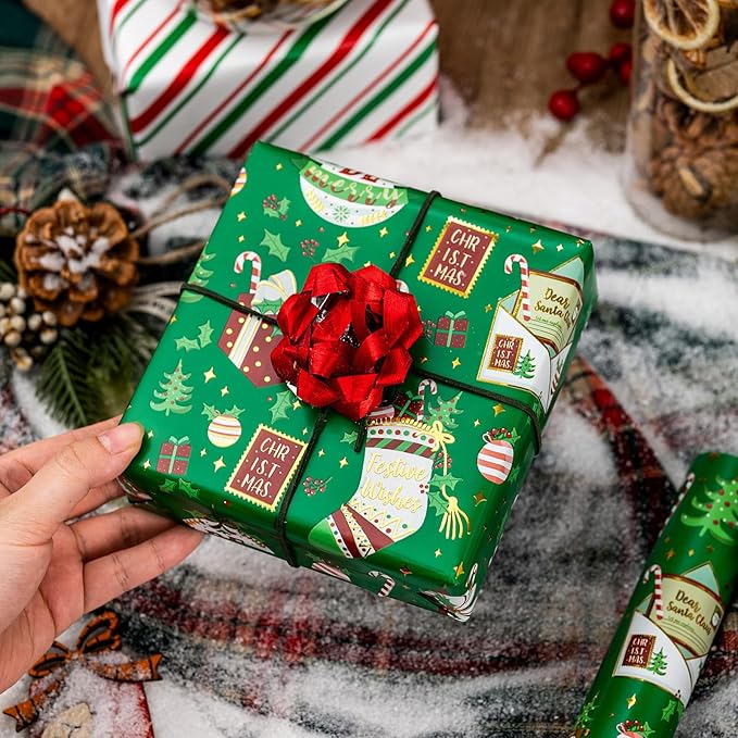 MAYPLUSS Green Christmas Wrapping Paper Roll, Reversible Festive Ornament Wrapping Paper, Metllic Foil Vintage Stocking & Bell Christmas Gift Wrap for Kid Holiday, Celebrations (17 Inch X 33 Feet)
