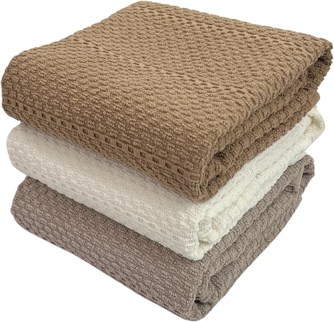 Beige White Brown Taupe Kitchen Hand Dish Towels: Oversized 28" x 18",100% Cotton Cloth Soft Cleaning Drying Absorbent Textured Design, Set of 3 Multipurpose for Everyday Use (Neutral Collection)