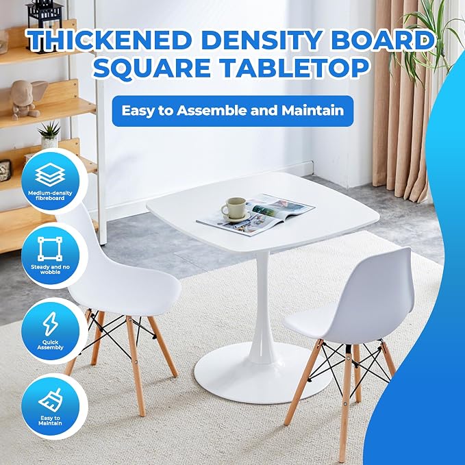 31.5 Inch Square Dining Table for 2 to 4 Person Mid Century Modern Tulip Table with Metal Pedestal Base Thick MDF Top for Apartment Kitchen Bistro Office, White