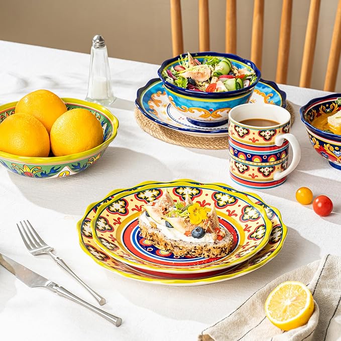UNICASA Ceramic Dessert Plate Set of 4, 9 Inch Snack Plates with Scalloped Edges – Serving Dishes for Salad, Cake, Cheese, Vibrant Boho Decoration, Microwave & Dishwasher Safe