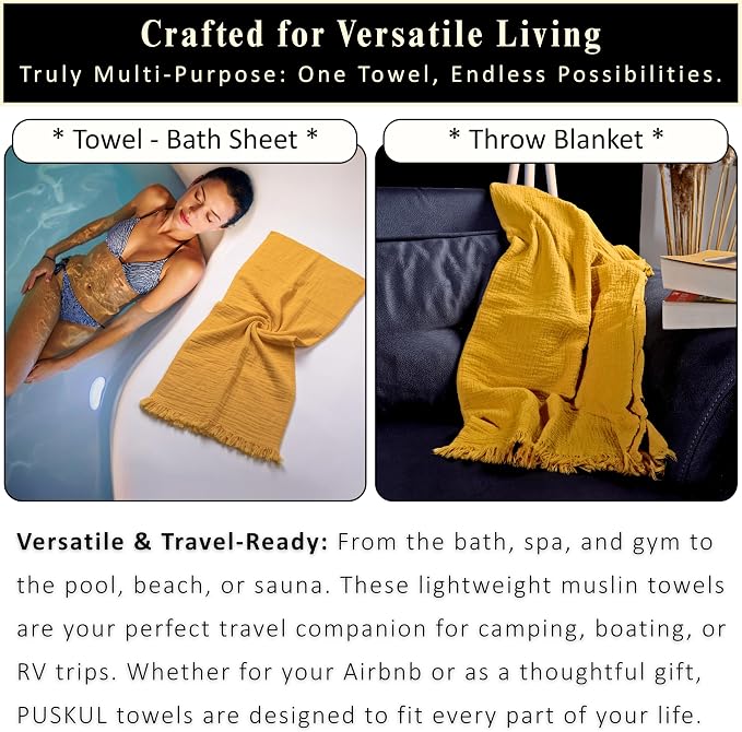 PÜSKÜL - Premium 2-Piece Oversized Muslin Bath Towel for Adult 35x70 Extra Large Bath Sheets | Natural 100% Turkish Cotton Soft Absorbent Quick-Dry Thin Spa & Beach Towels (Pack of 2, Mustard Yellow)