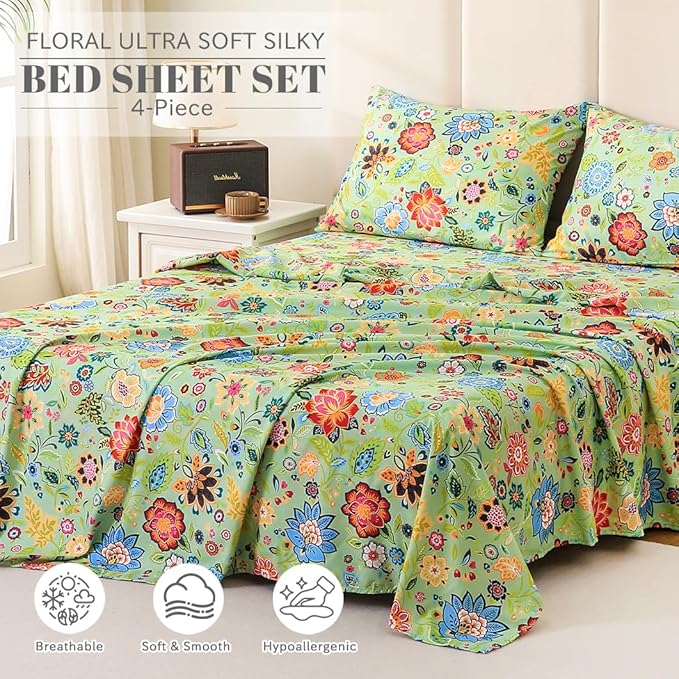 Bedlifes Full Sheet Set Ultra Soft, Breathable, Silky Flower Deep Pocket 100% Microfiber Bedding, 4 Piece Full Size with Floral Sage Green