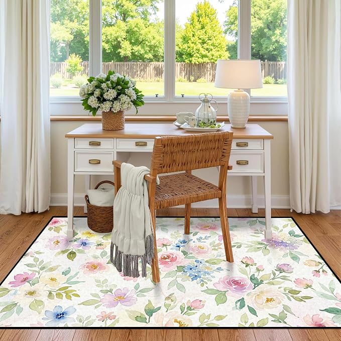 Watercolor Floral Rug 2'x3' Soft Pastel Botanical Area Rug for Entryway Bedroom Living Room Nursery Kitchen Playroom Home Decor Low Pile Non-Slip Washable Carpet