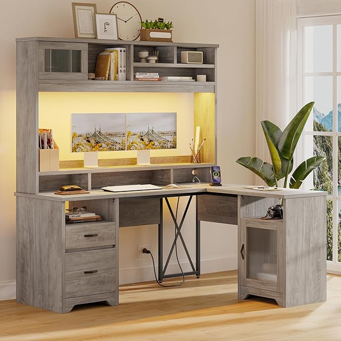 Bestier Farmhouse 63" L Shaped Desk with Hutch, Wood Computer Desk with Drawers, Charging Station, LED Light, Fluted Sliding Door Cabinet, Monitor Stand, Executive Desk for Home Office, Grey