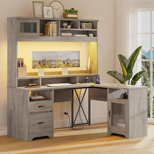 Bestier Farmhouse 63" L Shaped Desk with Hutch, Wood Computer Desk with Drawers, Charging Station, LED Light, Fluted Sliding Door Cabinet, Monitor Stand, Executive Desk for Home Office, Grey