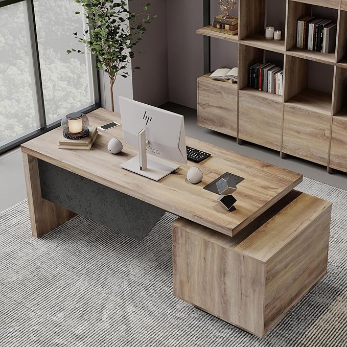 Modern Executive Desk, Rectangle Office Desk with Storage Cabinet, Width Adjustable Standing Desks, Stand Under Table Storage Organizer, Mahogany