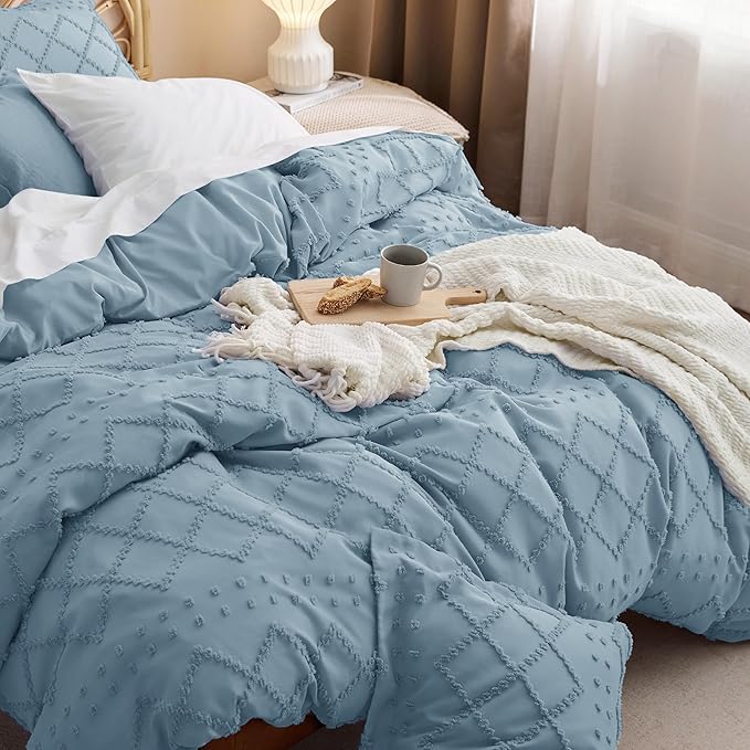 Bedsure Boho Duvet Cover Queen Size, Mineral Blue Breathable & Soft Boho Bedding, Machine Washable Comforter Cover for All Seasons, Includes 1 Duvet Cover 90"x90" with 2 Pillow Shams & Zipper Closure