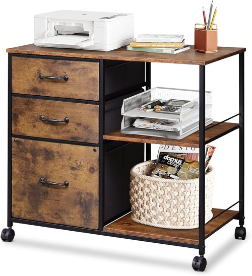 DEVAISE 3 Drawer Mobile File Cabinet - Rolling Printer Stand with Open Storage Shelf | Rustic Brown Wood Grain, Fits A4 & Letter Size