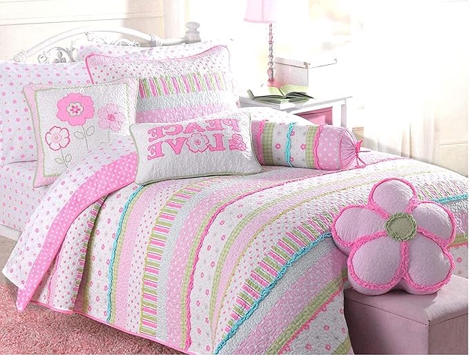 Cozy Line Home Fashions Pink Ruffle Flowers Polka Dot Girl 100% Cotton Reversible Quilt Bedding Set, Coverlet, Bedspread for All Seasons (Twin - 2 Piece)