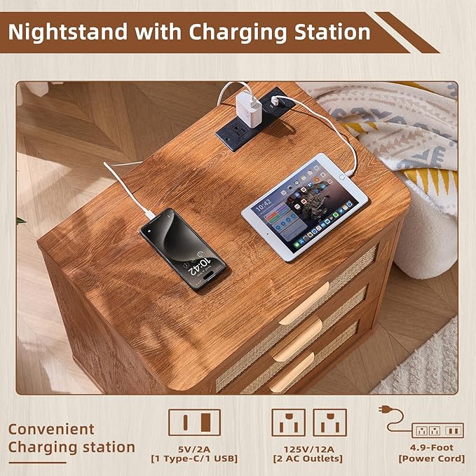 LEYAOYAO Rattan Night Stand with Charger Station, 23" Large 3 Drawer Boho Nightstand, Tea Brown Bedside Table Storage Cabinet, Bed Side End Tables for Bedroom, Living Room, Hallway