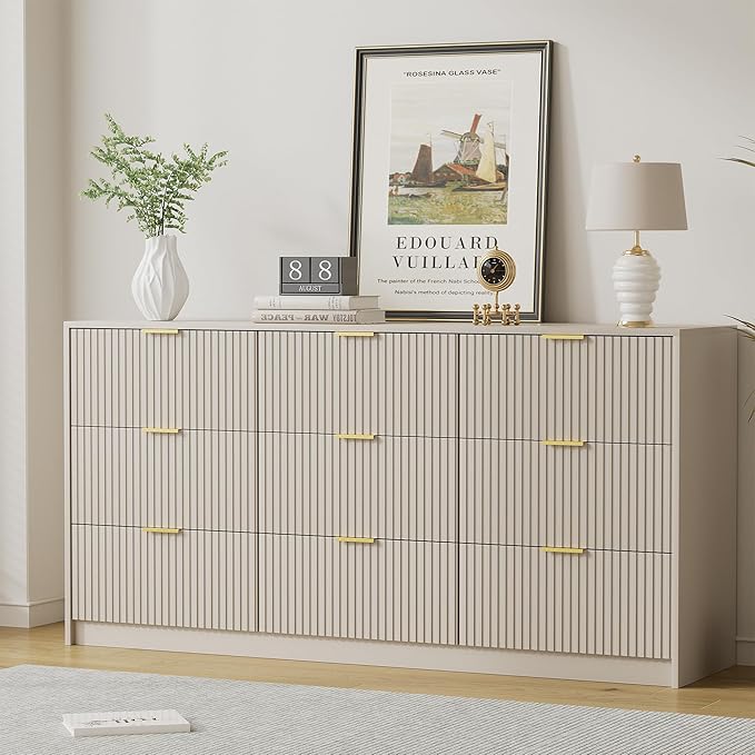 Beige Dresser for Bedroom, Modern Dresser with 9 Drawers and Smooth Slides, Wide Chest of Drawers with Golden Handles for Bedroom, Living Room, Closet, 15.7" D x 63" W x 31.5" H