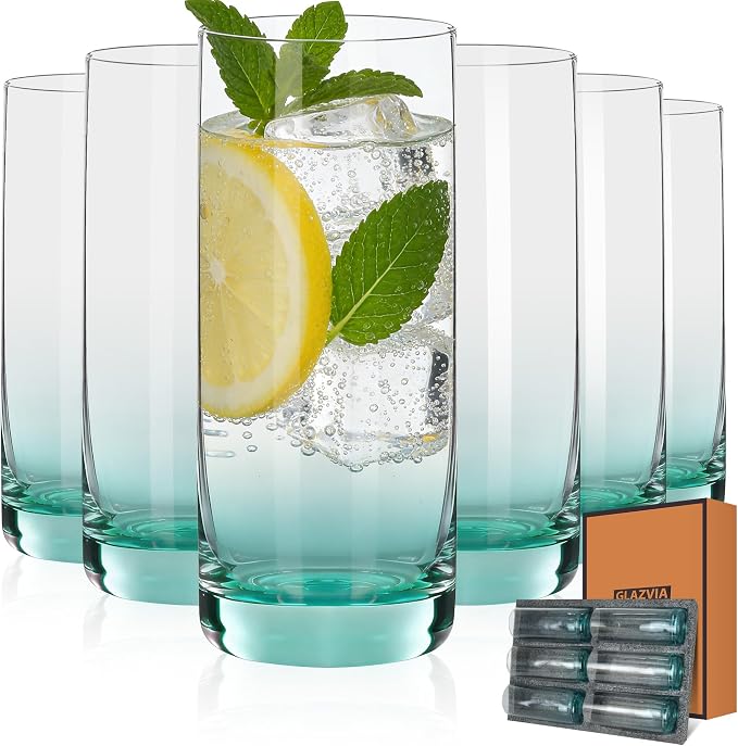 Green Highball Glasses Set of 6,13oz Drinking Glass Cups for Mixed Drink Cocktail, Beer, Mojito, Water and Juice,Thick Tall Crystal Glassware for Kitchen, Restaurant, Home Bar and Parties